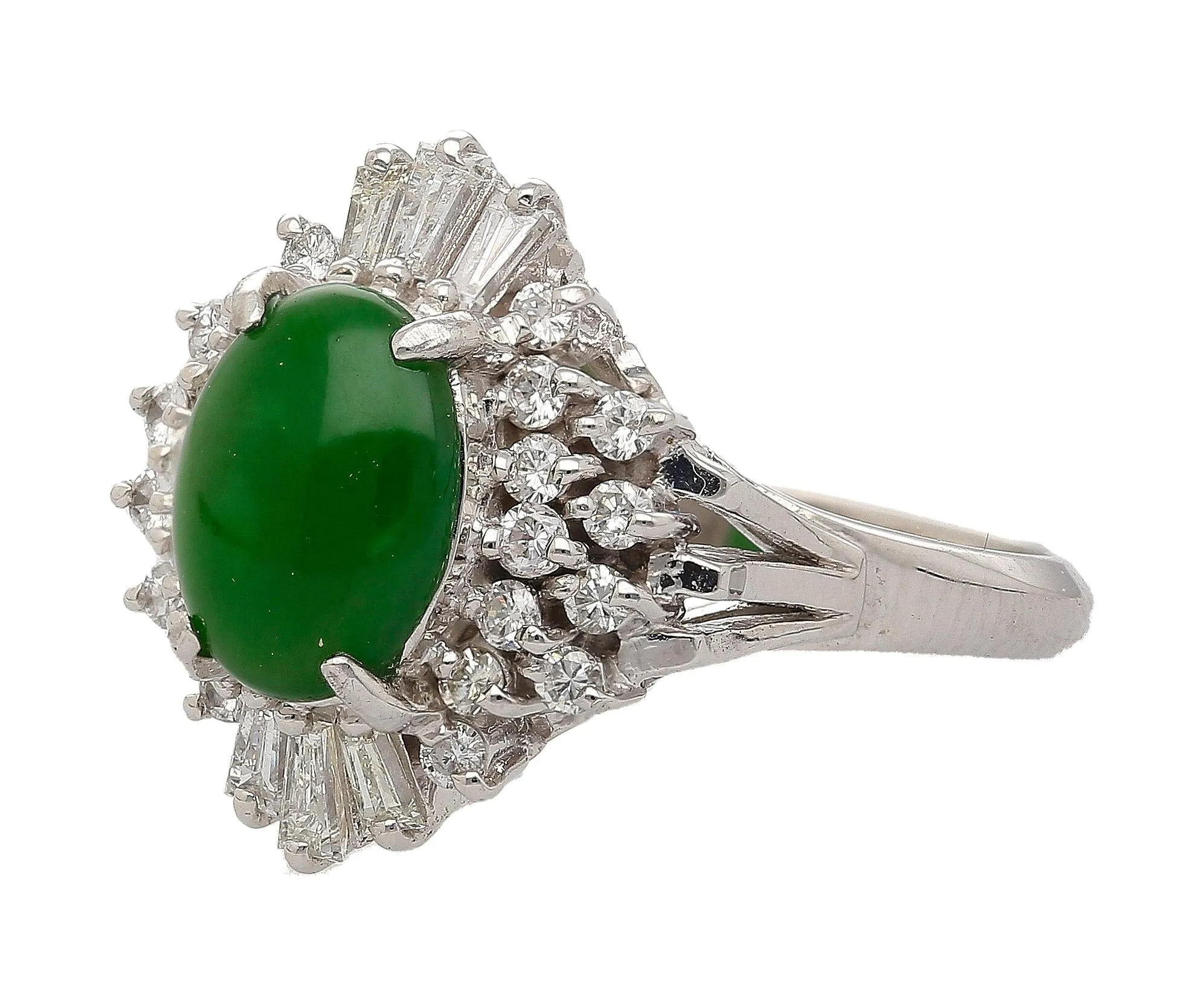 1.73 Carat Jadeite Jade Fei Cui & Diamond Halo Platinum Ballerina Filigree Ring