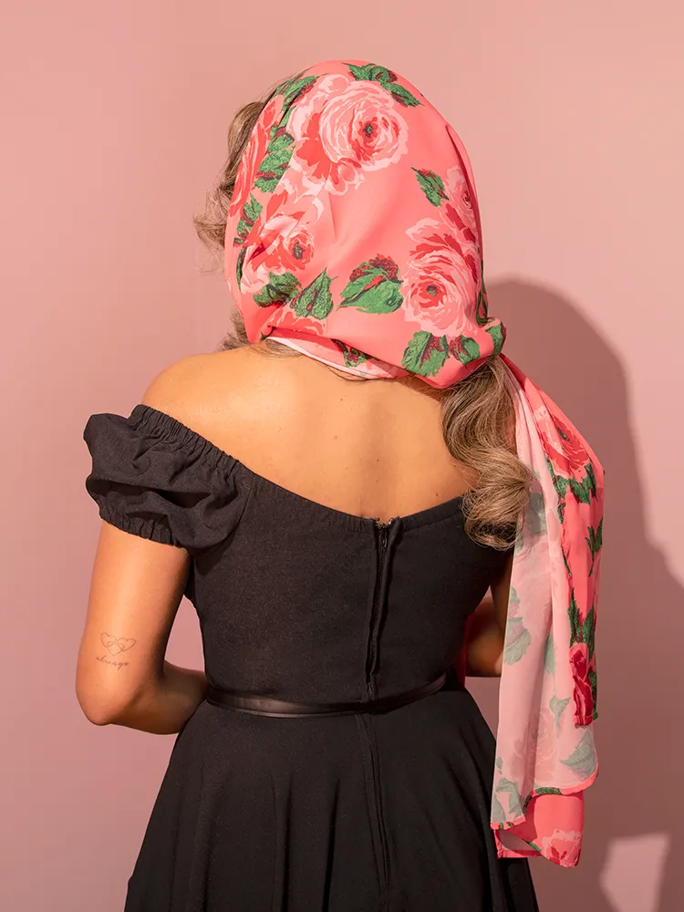 1950s Inspired Chiffon Scarf in Pink Rose Print - Vixen by Micheline Pitt