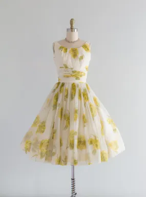 1950's Yellow Rose Chiffon Party Dress / XS