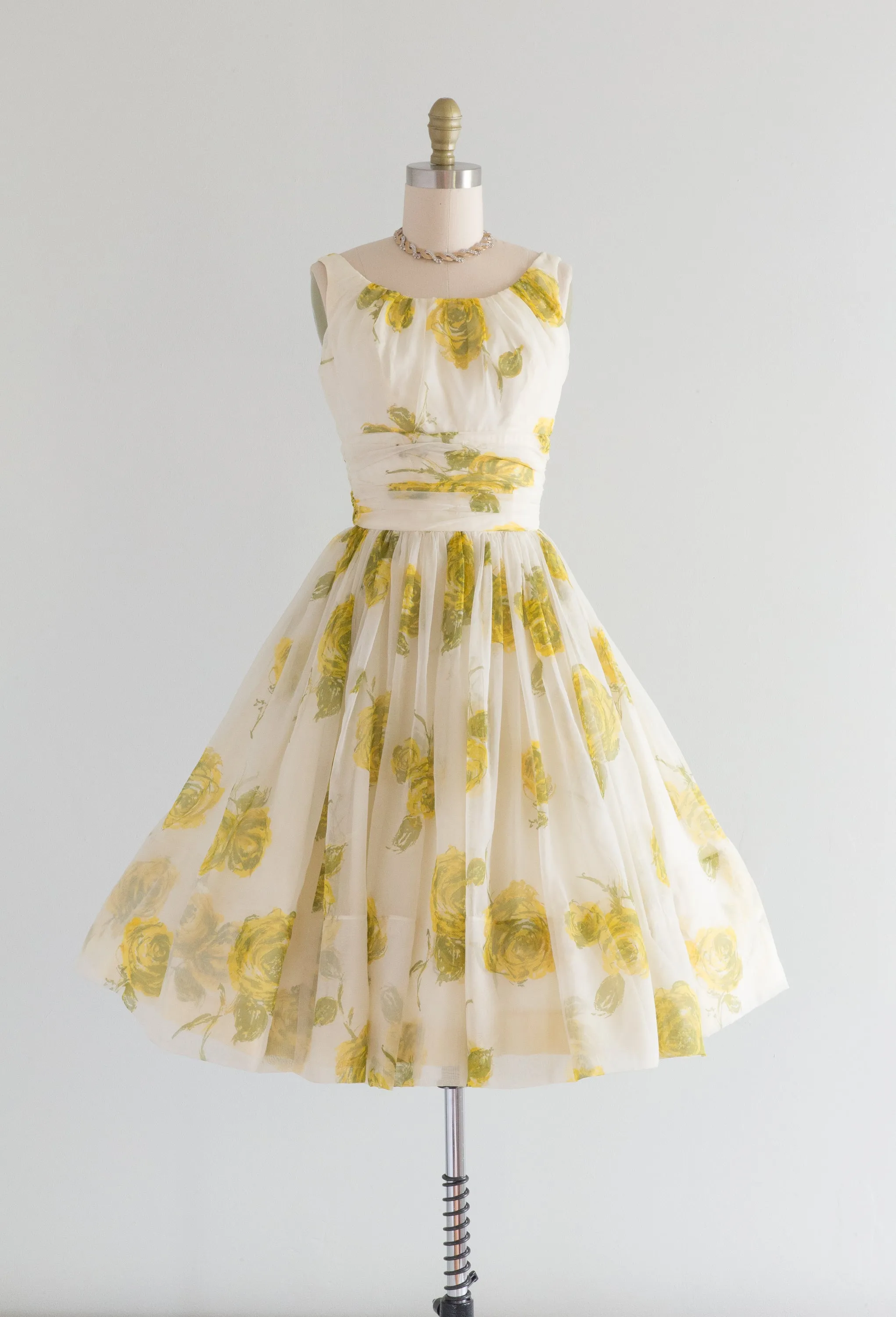 1950's Yellow Rose Chiffon Party Dress / XS