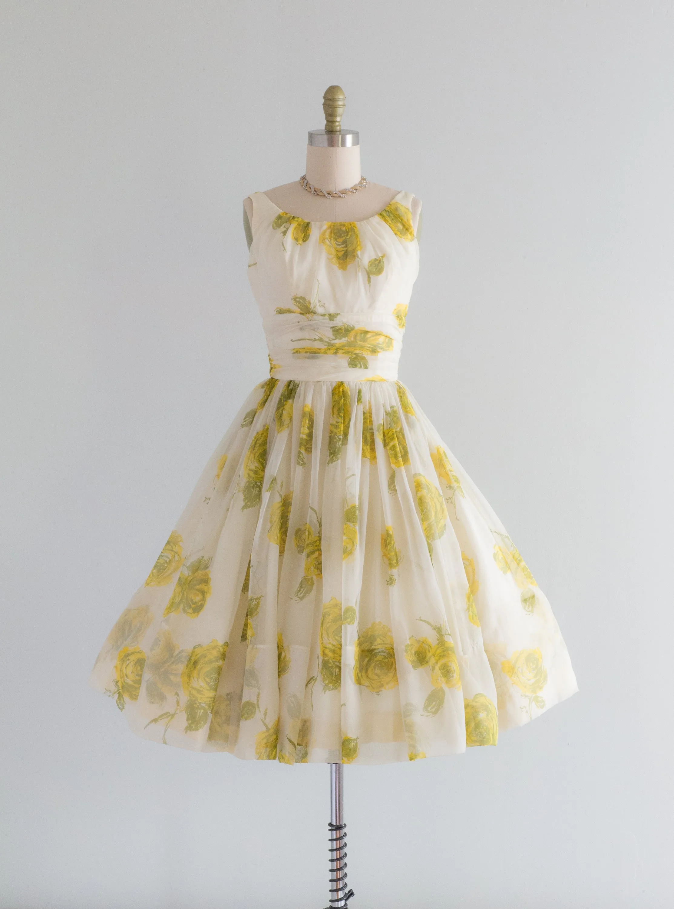 1950's Yellow Rose Chiffon Party Dress / XS