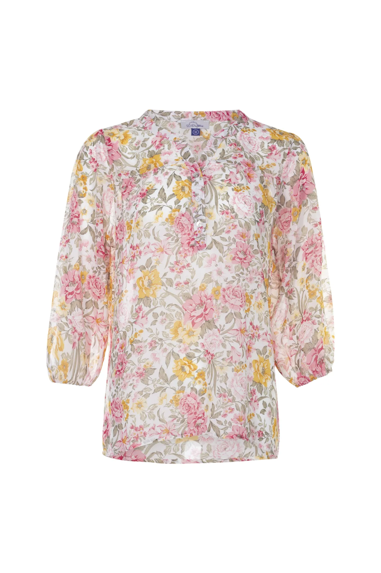 3/4 sleeve Printed Chiffon Top | Cream Pink Rose | 7124AR