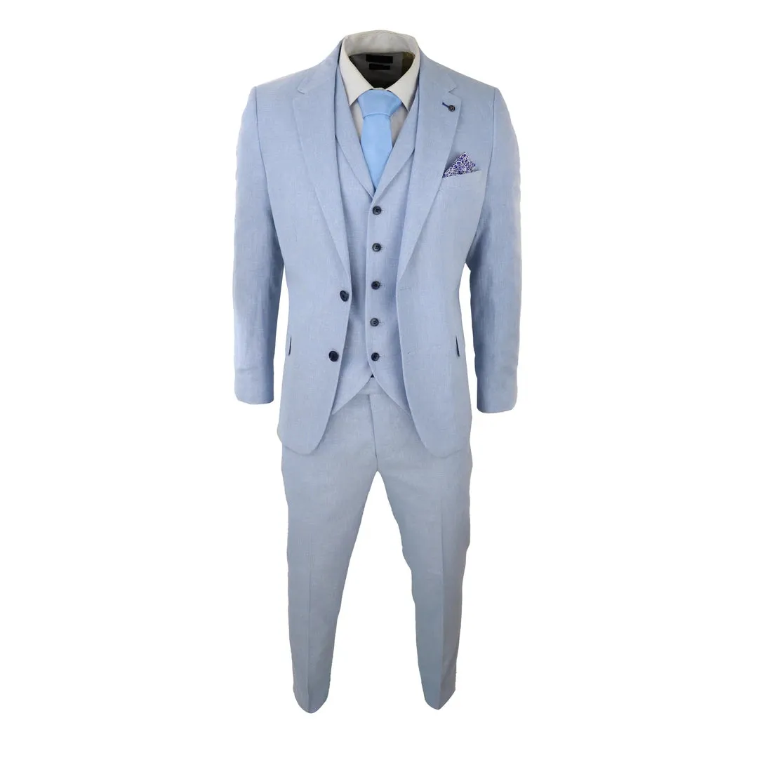 57047 - Men's 3 Piece Linen Suit Summer Breathable Wedding Cotton Baby Blue Light