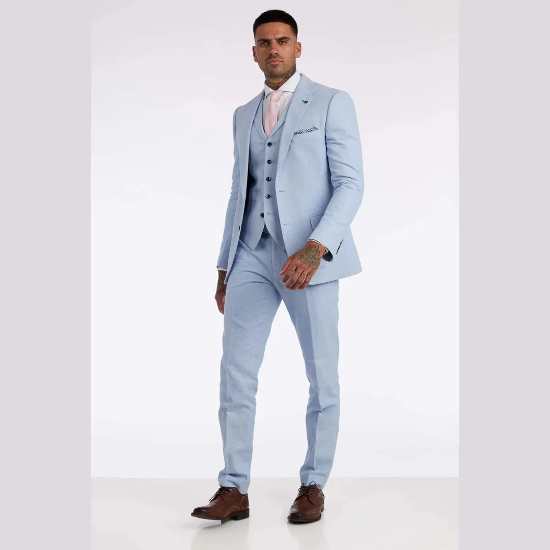 57047 - Men's 3 Piece Linen Suit Summer Breathable Wedding Cotton Baby Blue Light