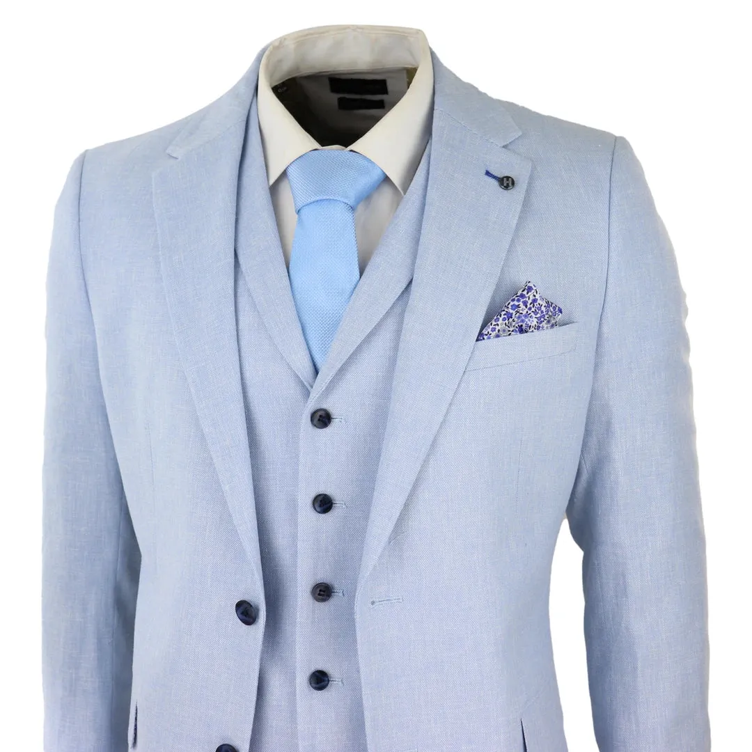 57047 - Men's 3 Piece Linen Suit Summer Breathable Wedding Cotton Baby Blue Light