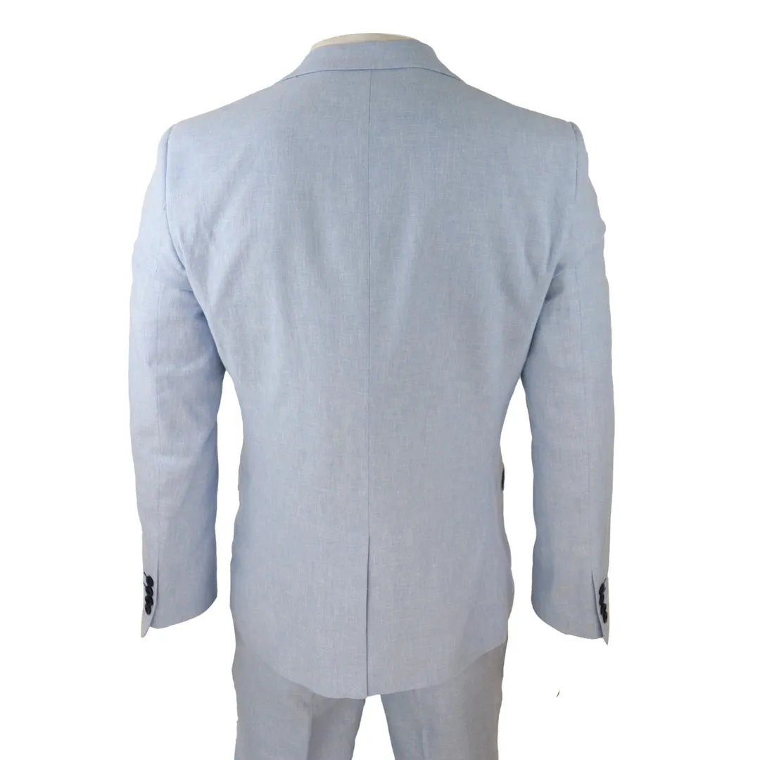 57047 - Men's 3 Piece Linen Suit Summer Breathable Wedding Cotton Baby Blue Light