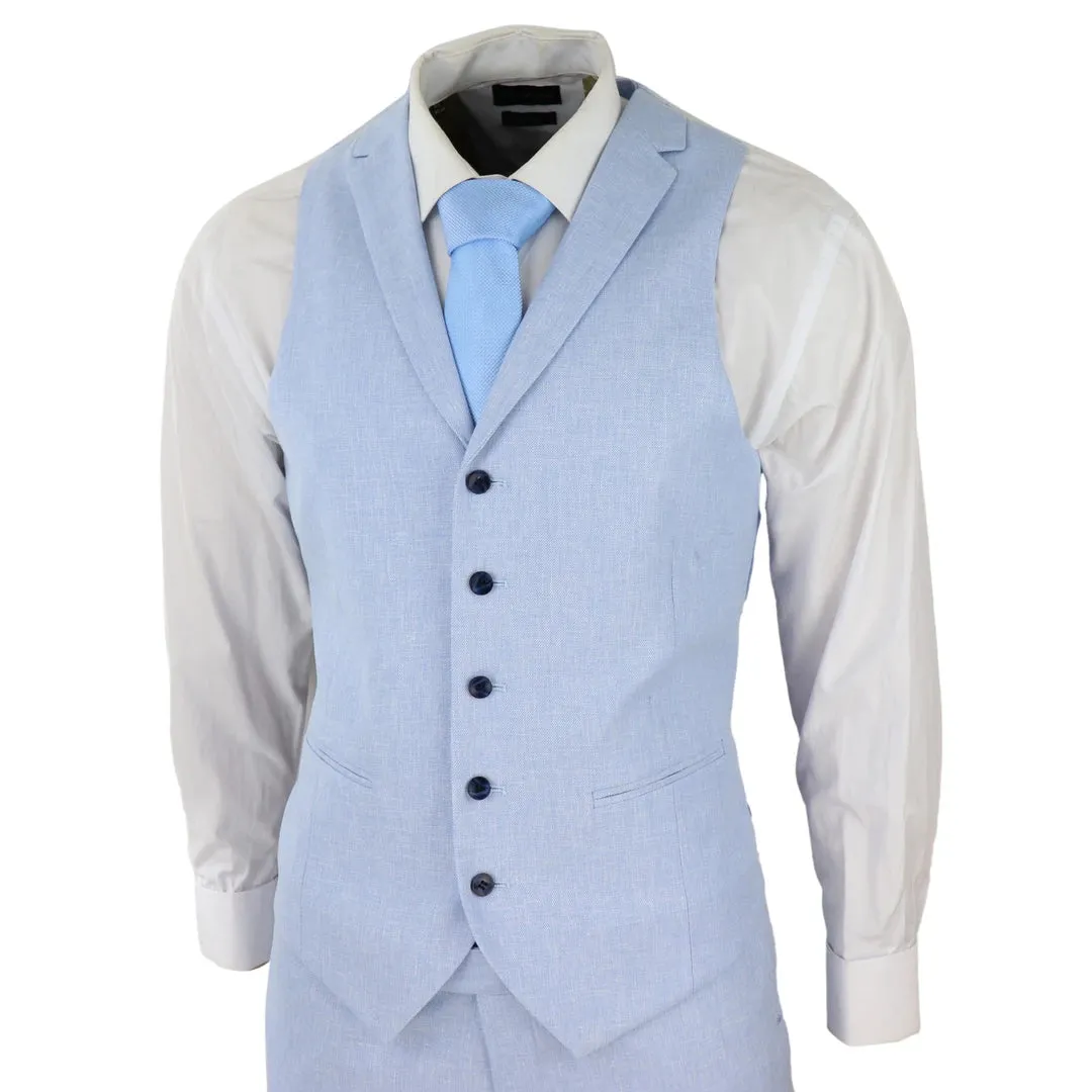 57047 - Men's 3 Piece Linen Suit Summer Breathable Wedding Cotton Baby Blue Light