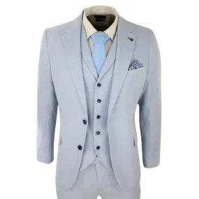 57047 - Men's 3 Piece Linen Suit Summer Breathable Wedding Cotton Baby Blue Light