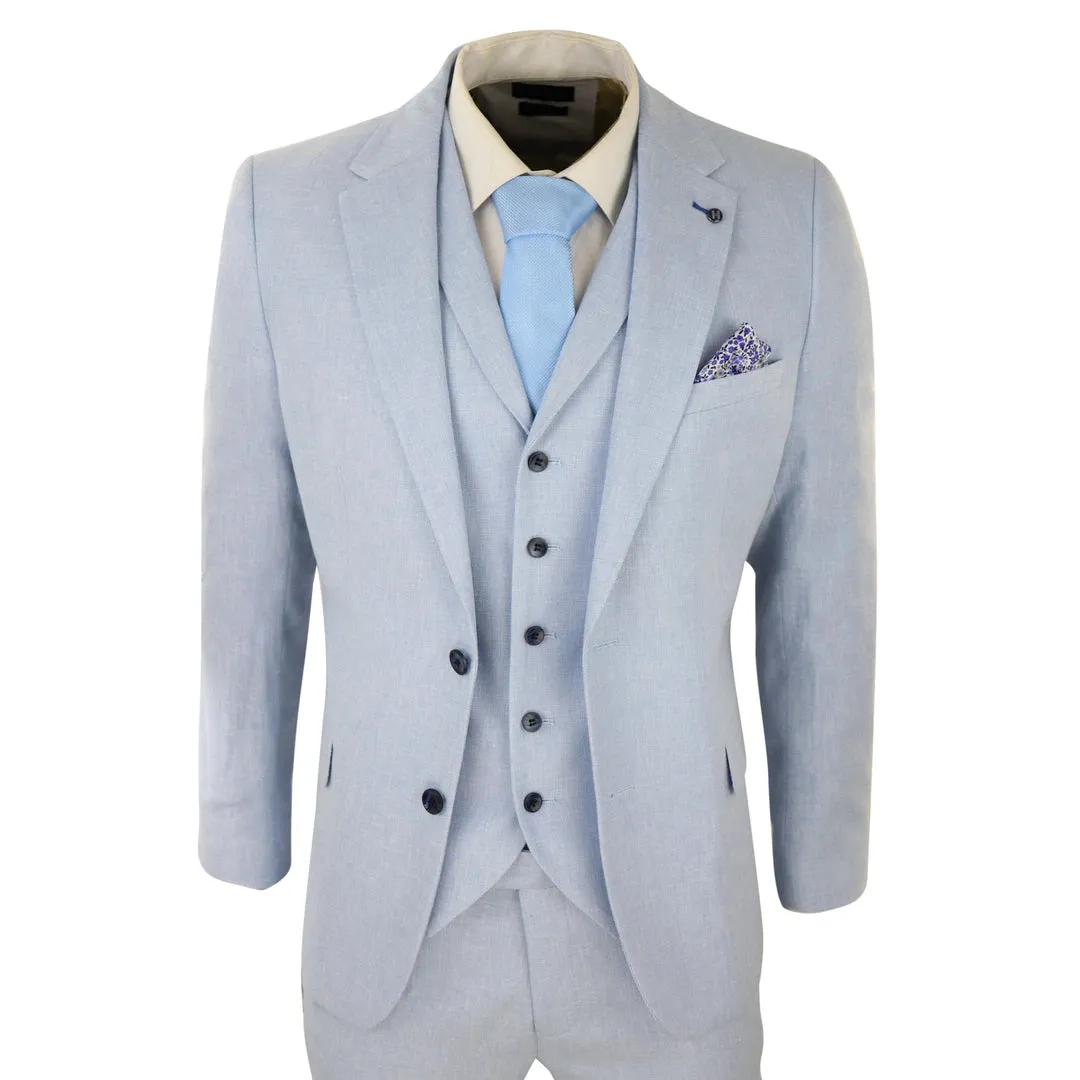 57047 - Men's 3 Piece Linen Suit Summer Breathable Wedding Cotton Baby Blue Light