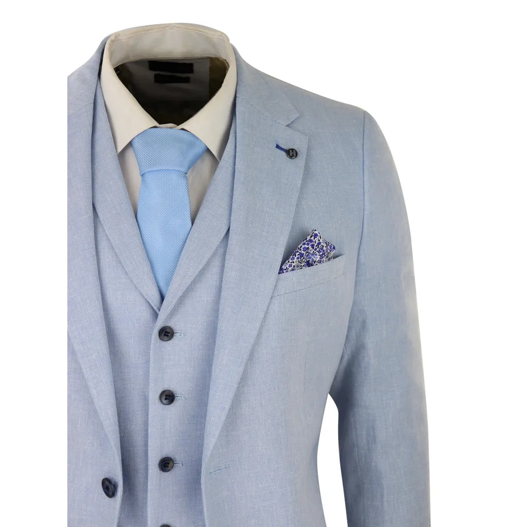 57047 - Men's 3 Piece Linen Suit Summer Breathable Wedding Cotton Baby Blue Light