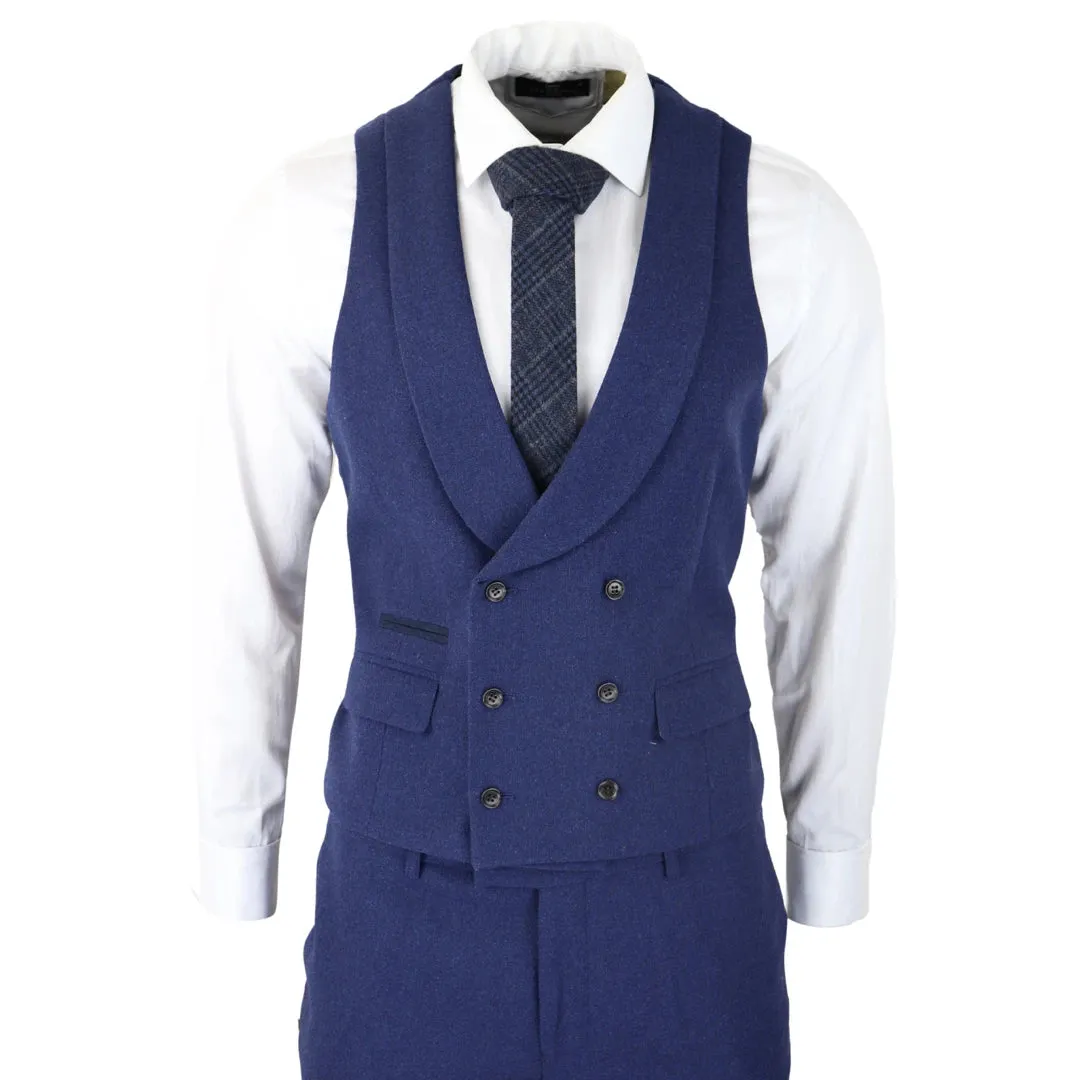 57298-Eton - Men's Wool 3 Piece Blue Suit Double Breasted Waistcoat Wedding Party 1920s