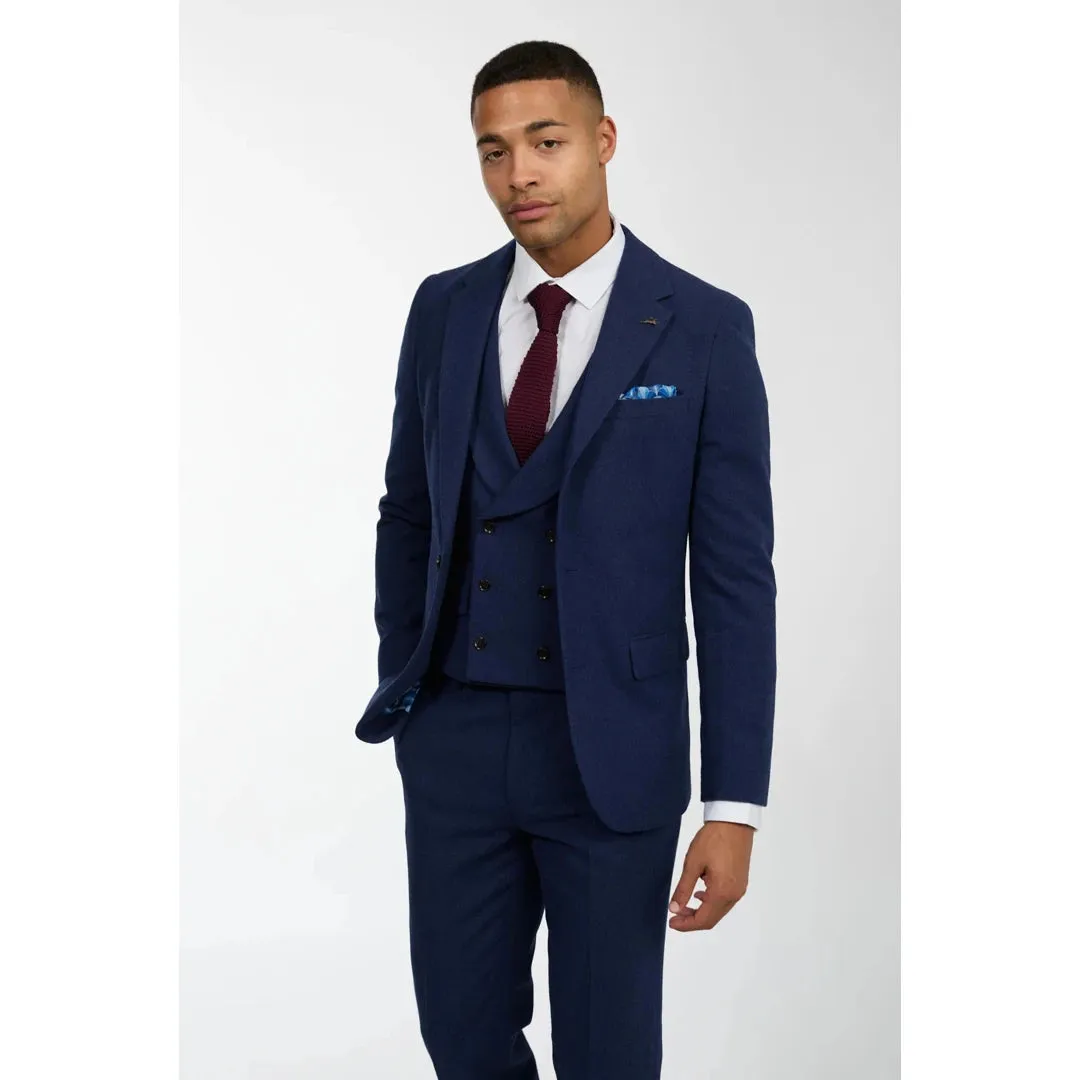 57298-Eton - Men's Wool 3 Piece Blue Suit Double Breasted Waistcoat Wedding Party 1920s