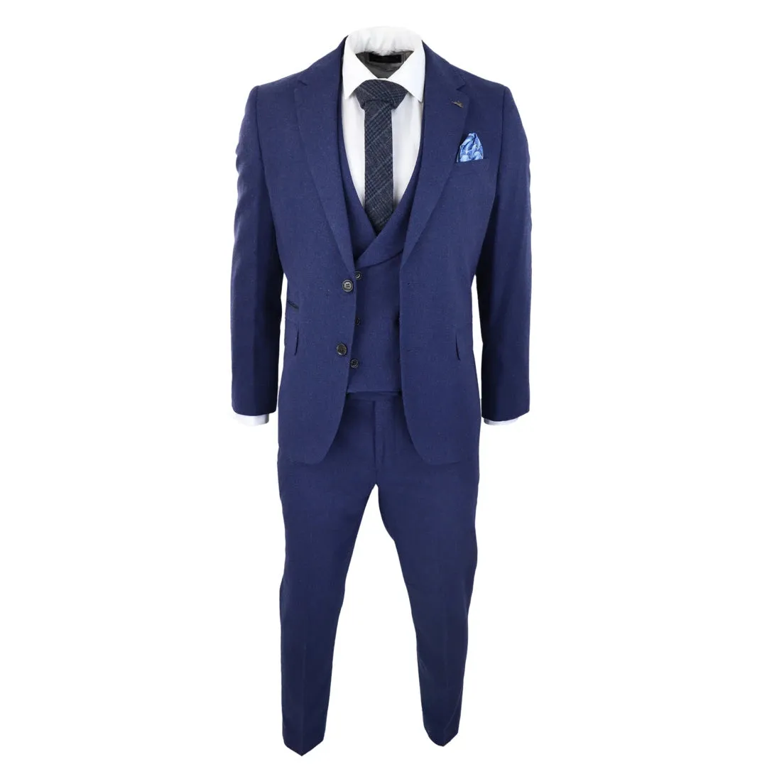 57298-Eton - Men's Wool 3 Piece Blue Suit Double Breasted Waistcoat Wedding Party 1920s