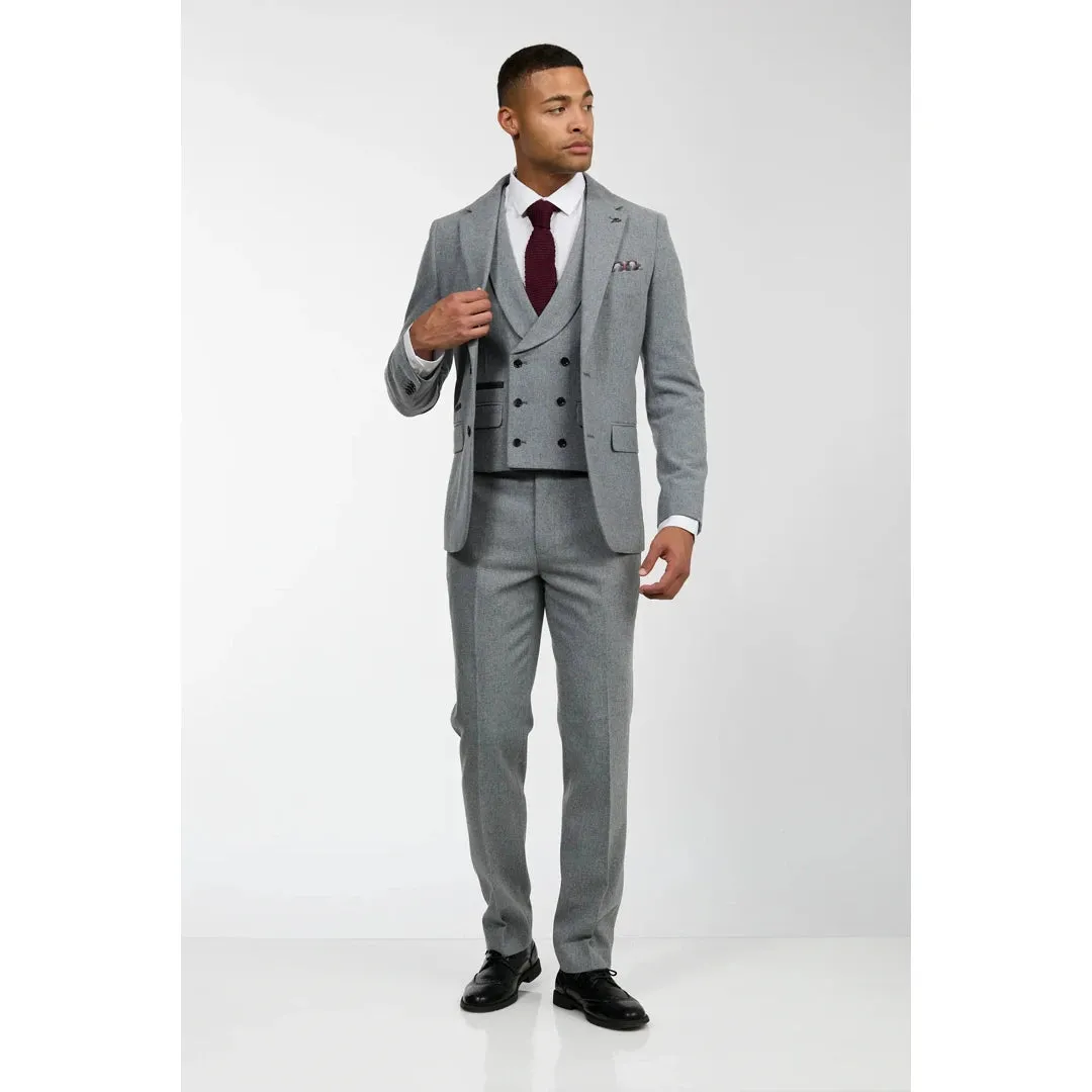 57298-Eton - Men's Wool 3 Piece Grey Suit Double Breasted Waistcoat Wedding Party 1920s