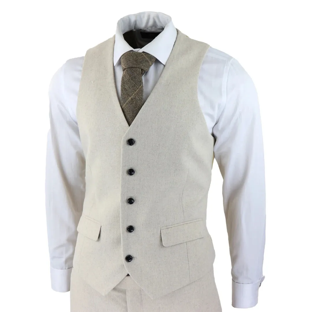 57299-Ralph - Men's Wool 3 Piece Cream Beige Suit Classic Wedding Party 1920s