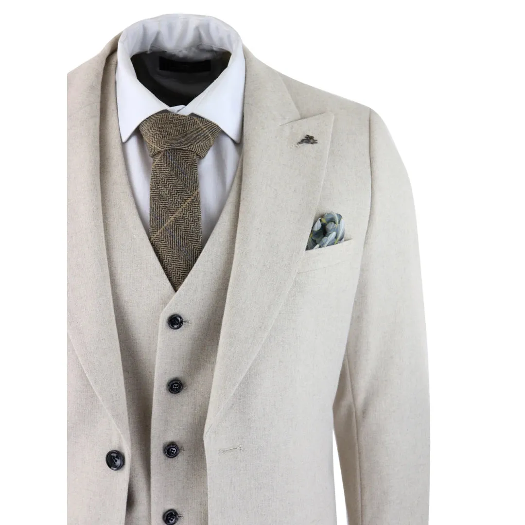 57299-Ralph - Men's Wool 3 Piece Cream Beige Suit Classic Wedding Party 1920s