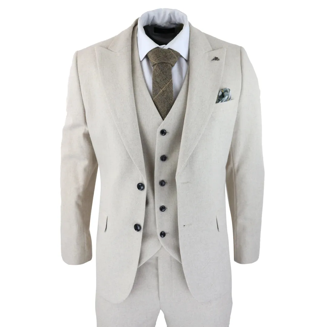 57299-Ralph - Men's Wool 3 Piece Cream Beige Suit Classic Wedding Party 1920s