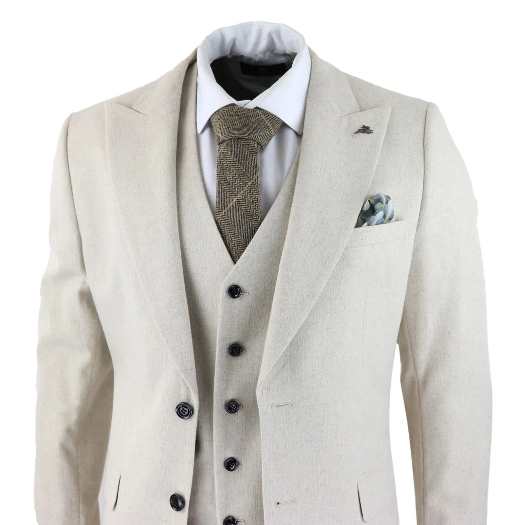 57299-Ralph - Men's Wool 3 Piece Cream Beige Suit Classic Wedding Party 1920s