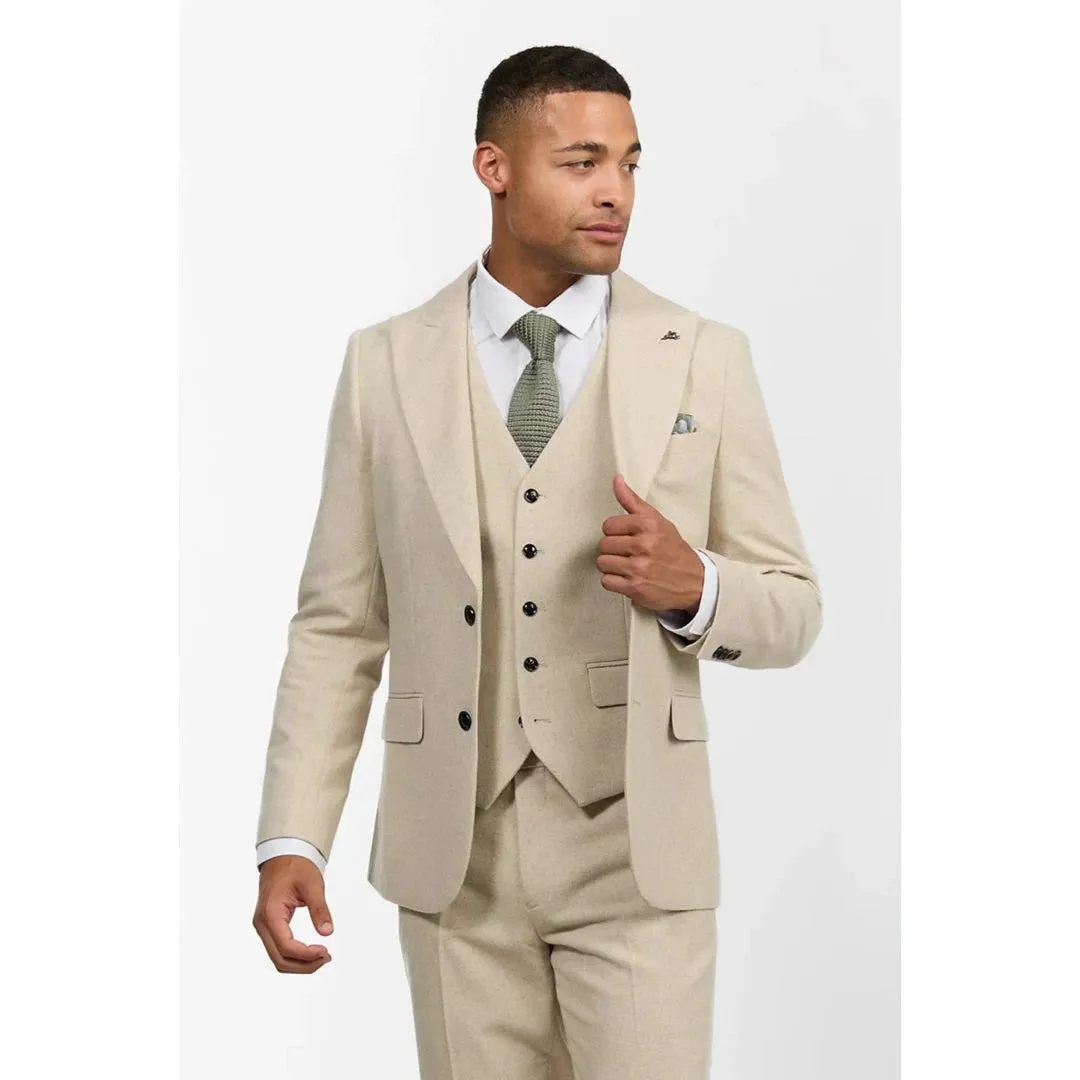 57299-Ralph - Men's Wool 3 Piece Cream Beige Suit Classic Wedding Party 1920s