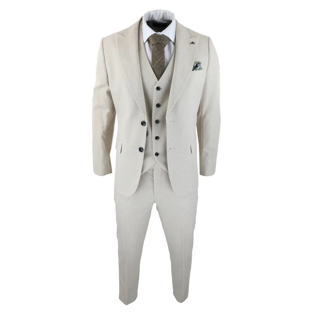 57299-Ralph - Men's Wool 3 Piece Cream Beige Suit Classic Wedding Party 1920s