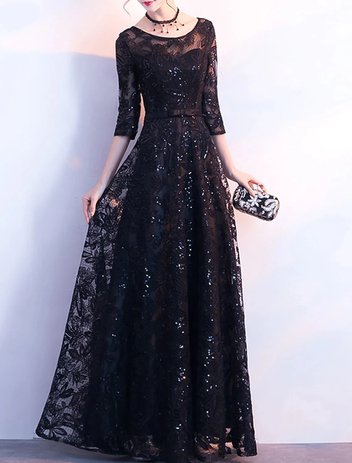 A-Line Glittering Elegant Wedding Guest Formal Evening Dress Jewel Neck 3/4 Length Sleeve Floor Length Sequined with Sash / Ribbon Bow(s) Sequin