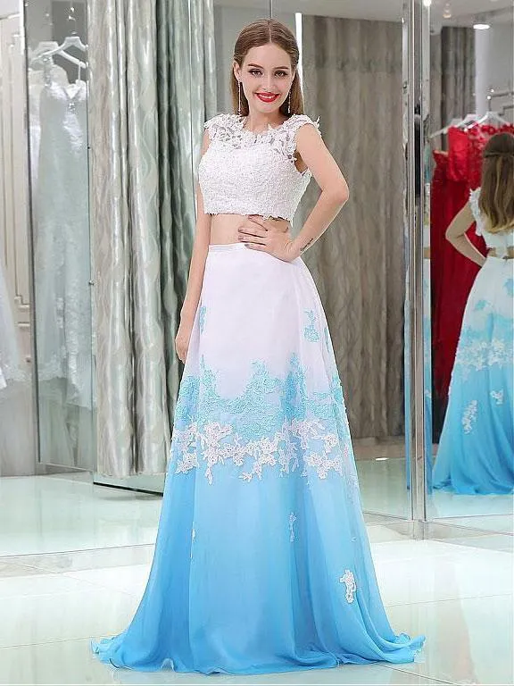 A-Line Scoop-neck Sweep Train Chiffon Appliqued Two Piece Prom Dress 3095