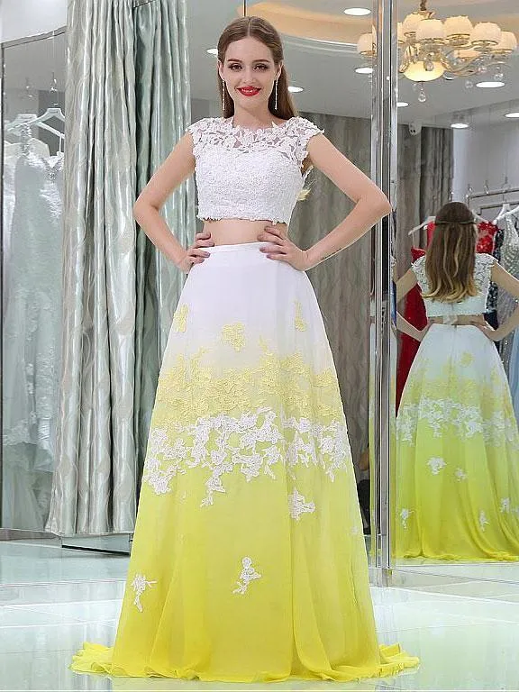 A-Line Scoop-neck Sweep Train Chiffon Appliqued Two Piece Prom Dress 3095