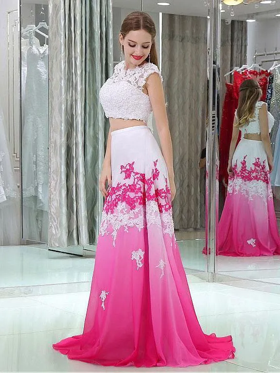 A-Line Scoop-neck Sweep Train Chiffon Appliqued Two Piece Prom Dress 3095