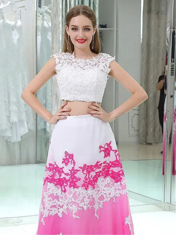 A-Line Scoop-neck Sweep Train Chiffon Appliqued Two Piece Prom Dress 3095