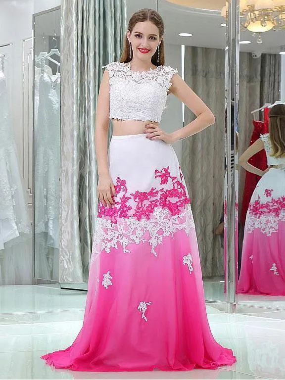 A-Line Scoop-neck Sweep Train Chiffon Appliqued Two Piece Prom Dress 3095