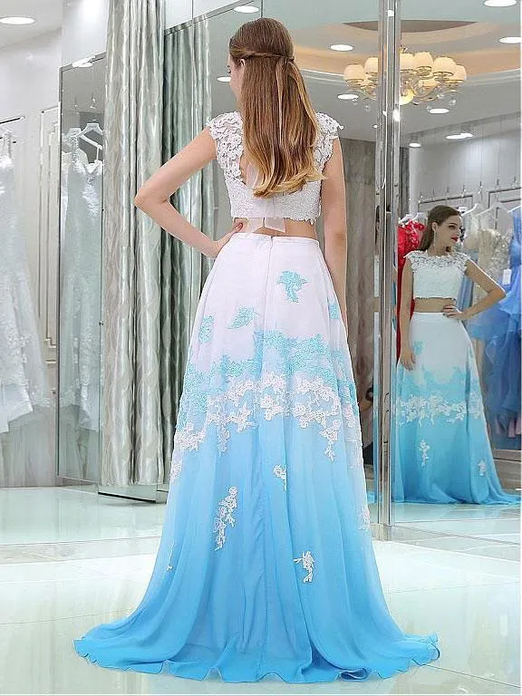 A-Line Scoop-neck Sweep Train Chiffon Appliqued Two Piece Prom Dress 3095