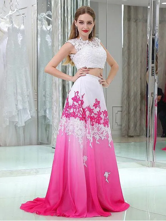 A-Line Scoop-neck Sweep Train Chiffon Appliqued Two Piece Prom Dress 3095