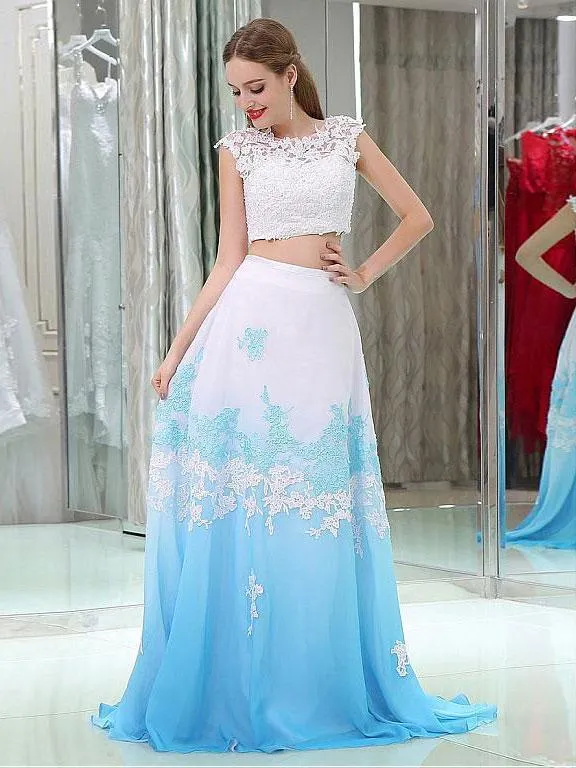 A-Line Scoop-neck Sweep Train Chiffon Appliqued Two Piece Prom Dress 3095