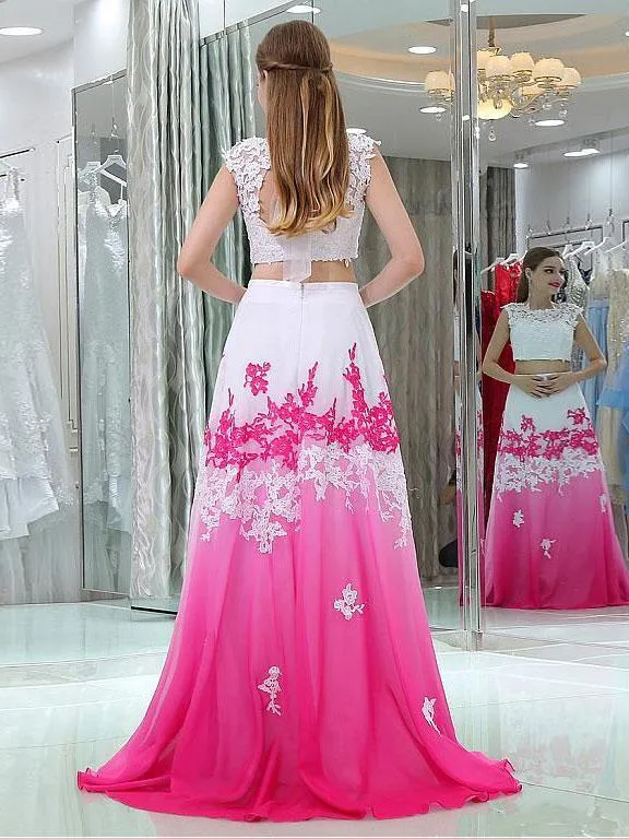 A-Line Scoop-neck Sweep Train Chiffon Appliqued Two Piece Prom Dress 3095