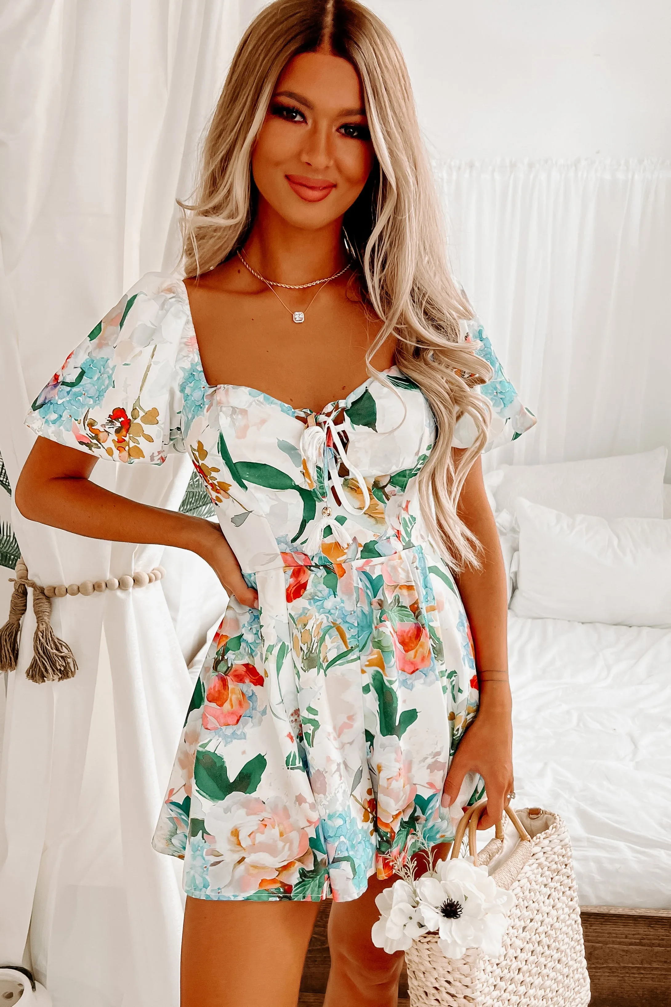 Adoring Looks Floral Printed Lace-Up Romper (White/Green Multi)