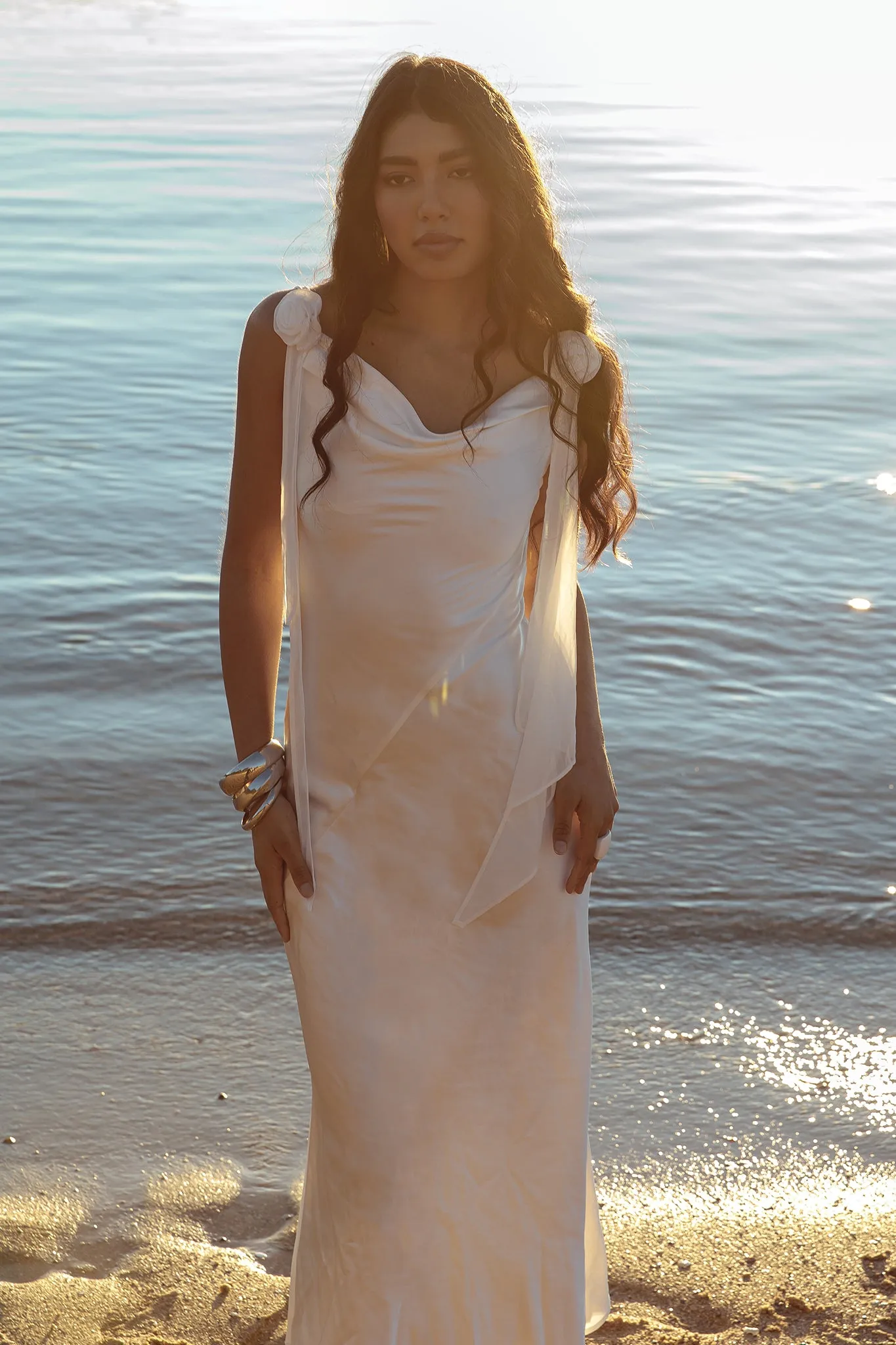 Afterglow Backless Cowl Neck Maxi Dress Off White