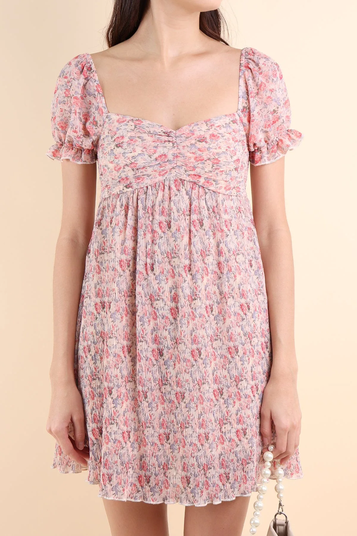 AMARA CRINKLED VINTAGE FLORAL DRESS IN ROSE/CREAM