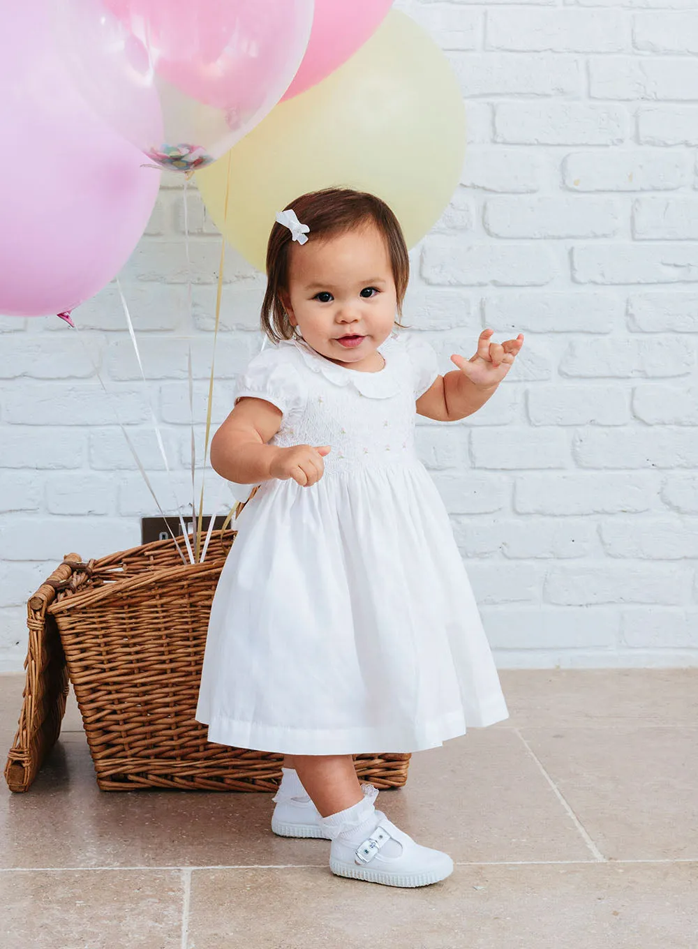 Baby Willow Rose Hand Smocked Dress in White