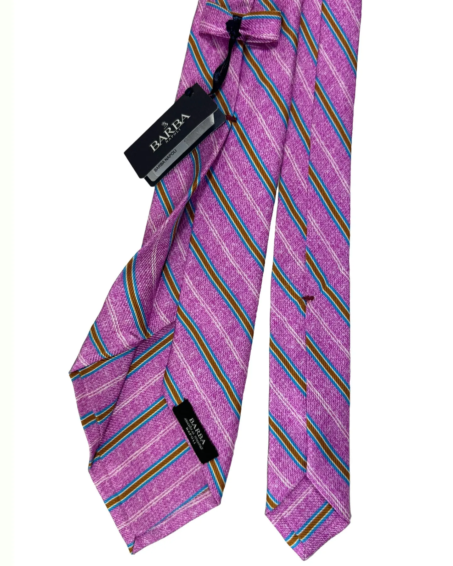 Barba Sevenfold Tie Pink Aqua Olive Stripes Design - Sartorial Neckwear