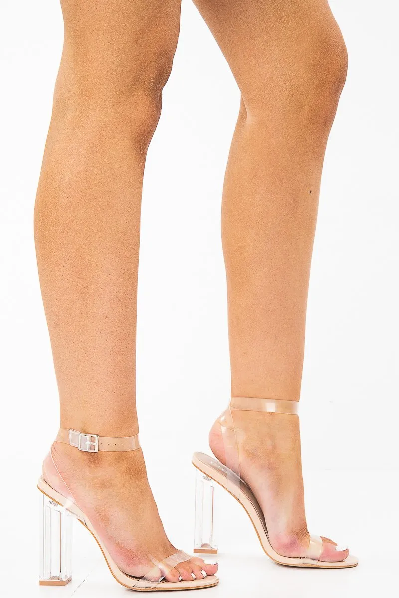 Beige Clear Strap Perspex Block Heels - Ardyn