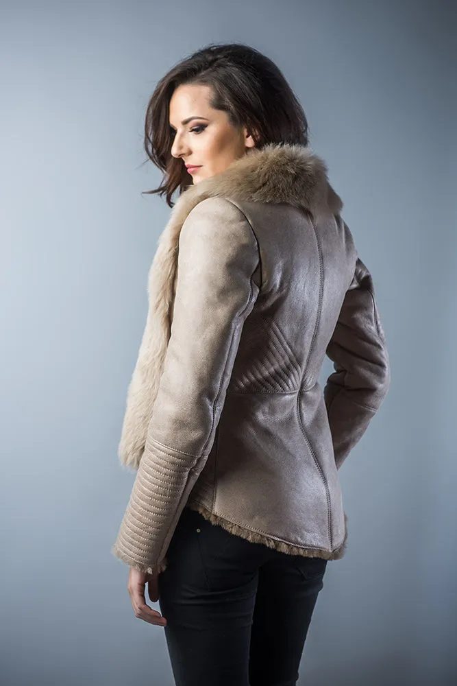 Beige Lamb Nappa Leather Jacket with Merino Fur Collar