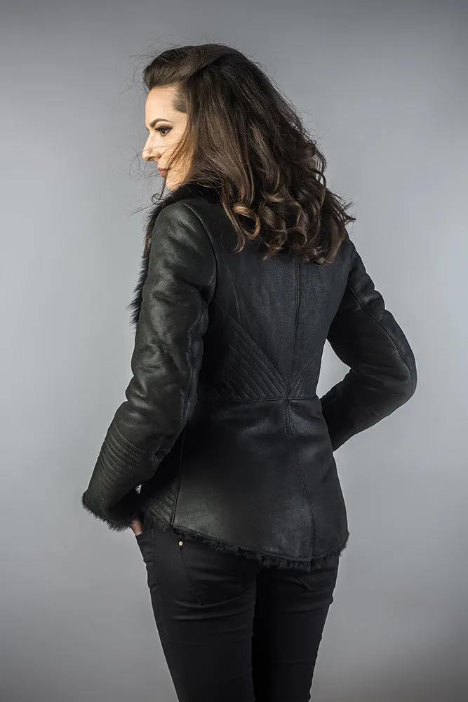 Black Lamb Nappa Leather Jacket with Merino Fur Collar