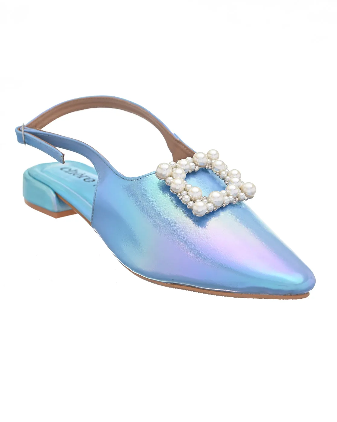 Blue Metallic Gemstone Slingback Mules for Women