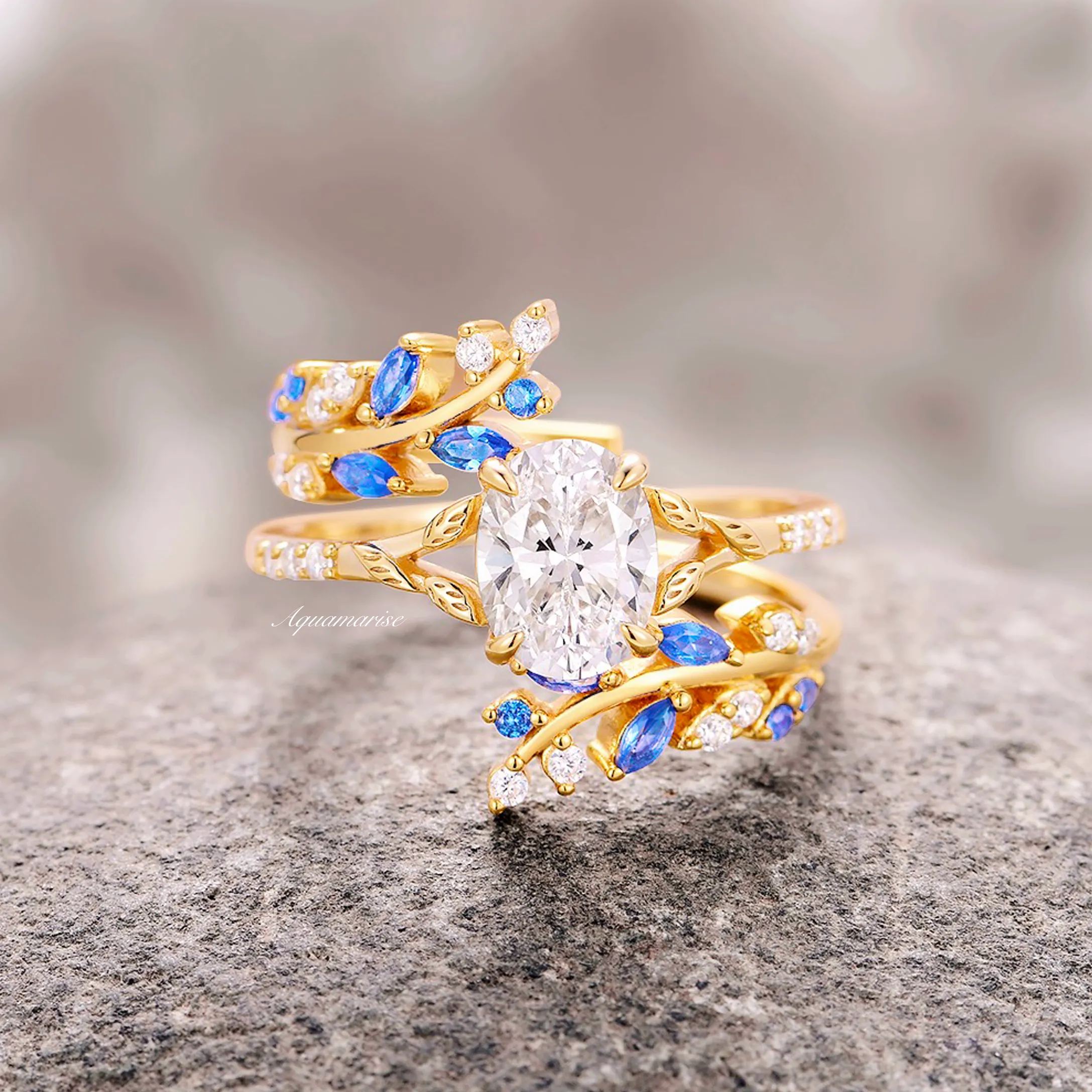 Blue Sapphire & Diamond (cz) Engagement Ring Set- 14K Yellow Gold Vermeil