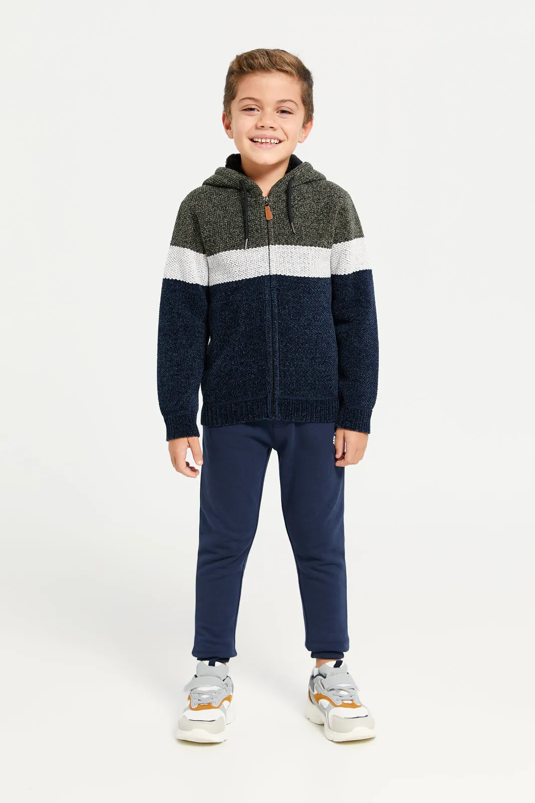 Boys Beige Zip Thru Hooded Chenille Cardigan