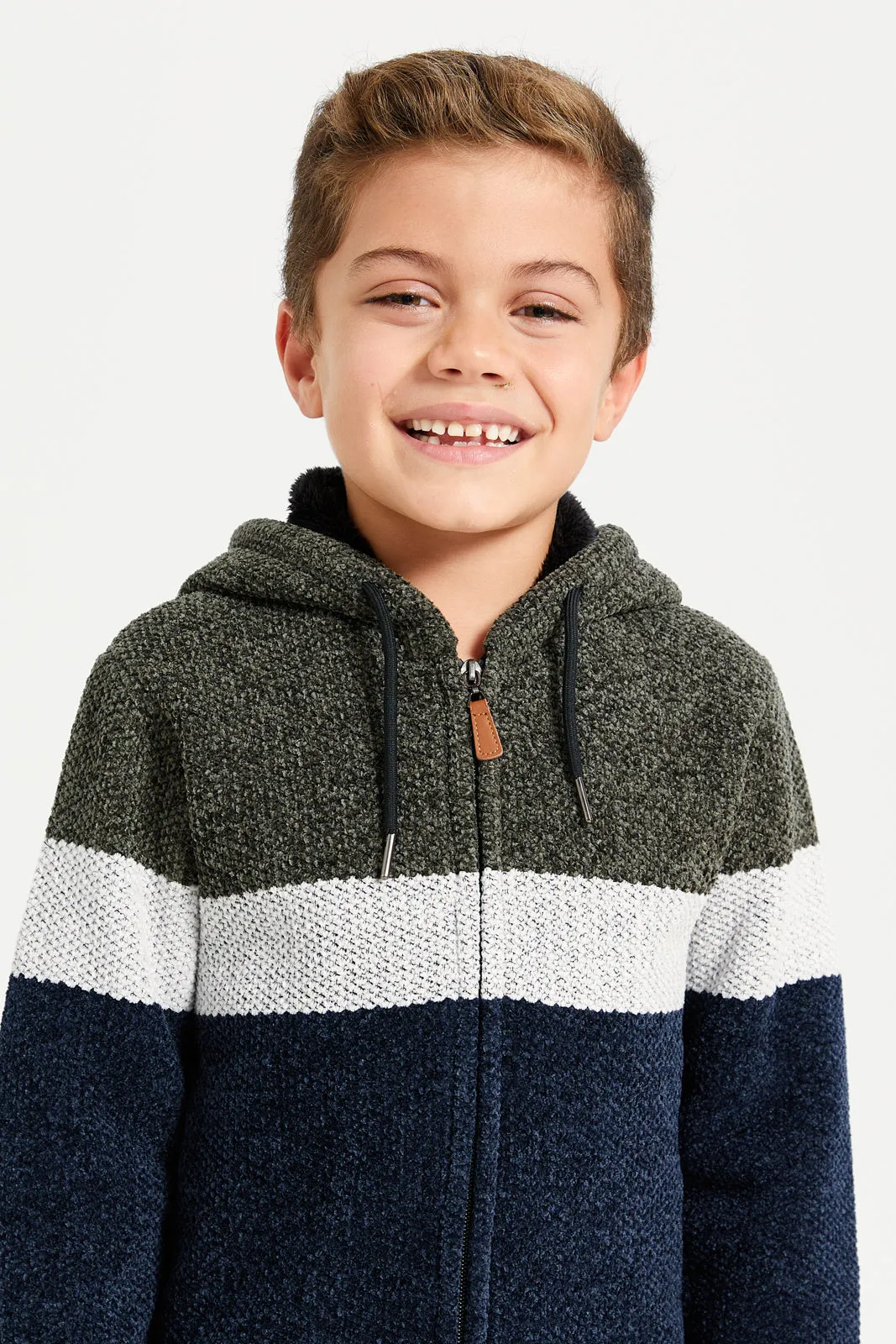 Boys Beige Zip Thru Hooded Chenille Cardigan