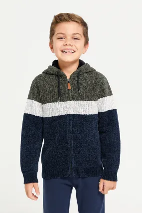 Boys Beige Zip Thru Hooded Chenille Cardigan