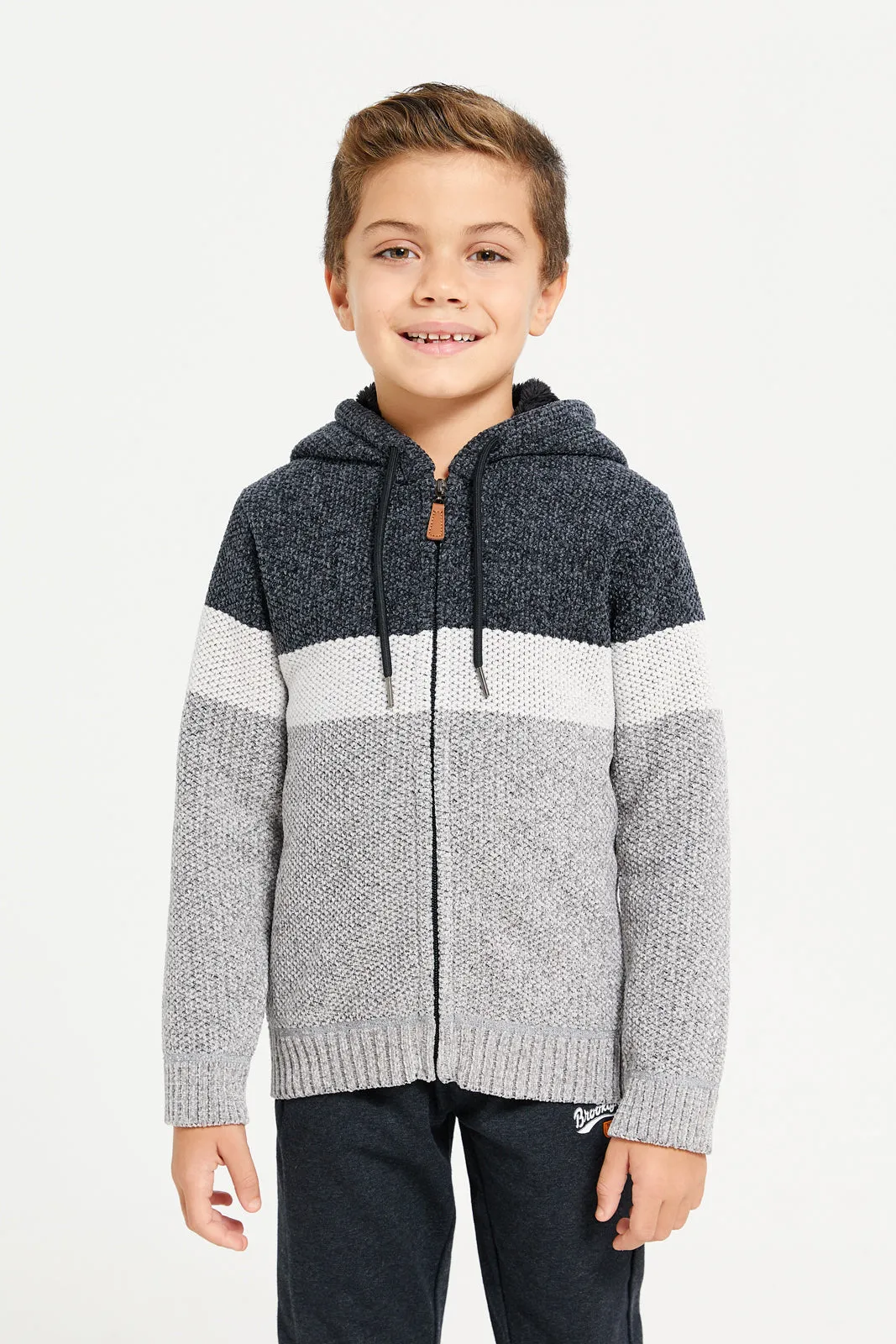 Boys Charcoal Zip Thru Hooded Chenille Cardigan