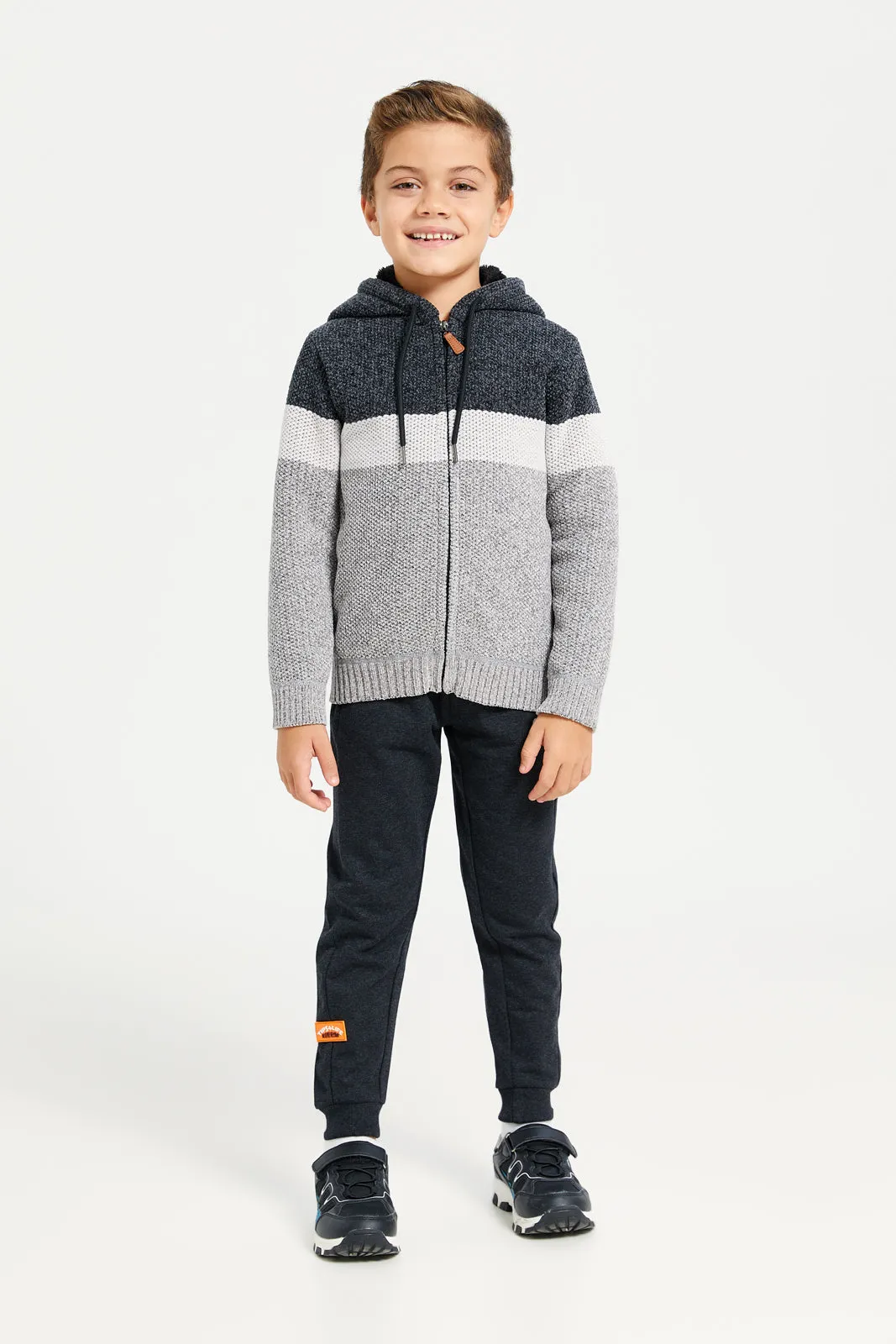 Boys Charcoal Zip Thru Hooded Chenille Cardigan