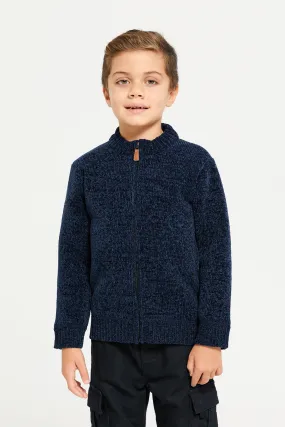 Boys Navy  Zip Thru Chenille Cardigan